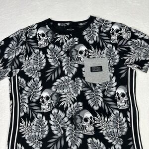 Skull Floral Westy Shirt Mens M Print Graphics All Over Bright White Black Biker
